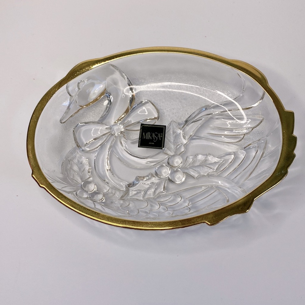 Mikasa Glass Gold Rimmed swan Goose Candy Trinket Dish